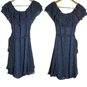 See The Shades Blue Leopard Print Boatneck Chiffon Mini A Line Dress Medium M